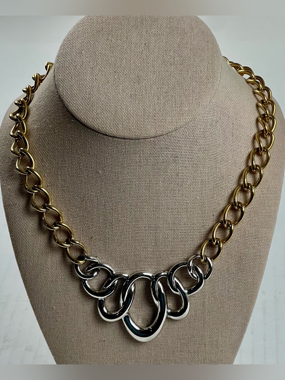 Vintage Monet Two-Tone Gold and Silver Link Statement Necklace Runway